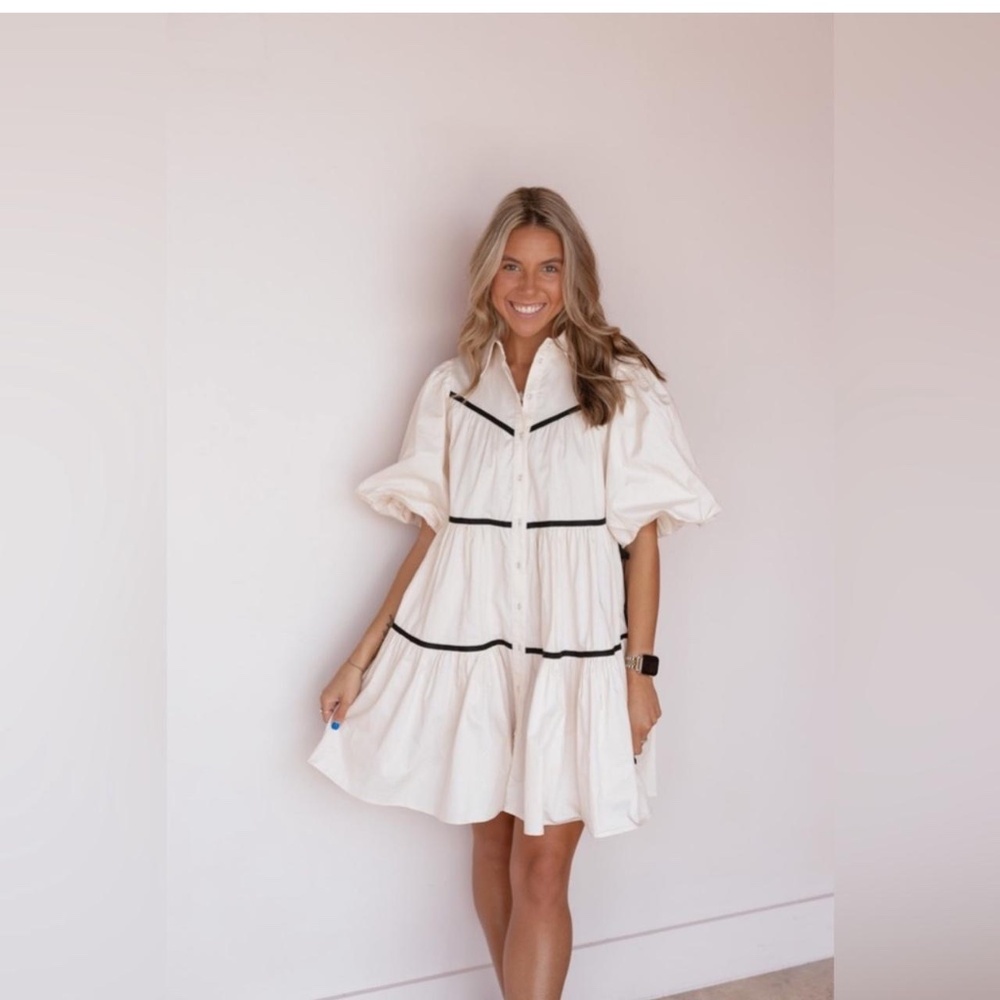 Women's Cream Puff-Sleeve Mini Dress with Black Trim